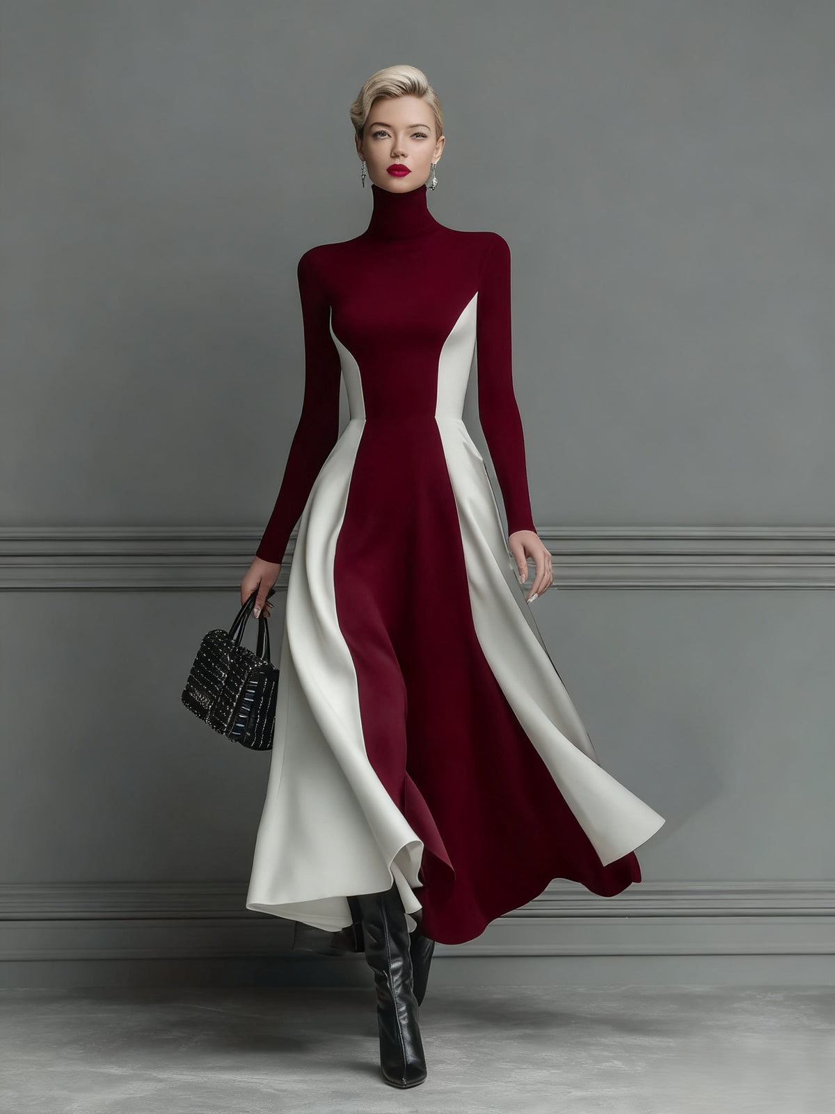 Color Block Turtleneck Long Sleeve Knit Maxi Dress