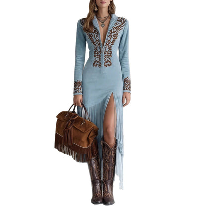 Women's Western Suede Fringe Maxi Dress Embroidered Zip-Up