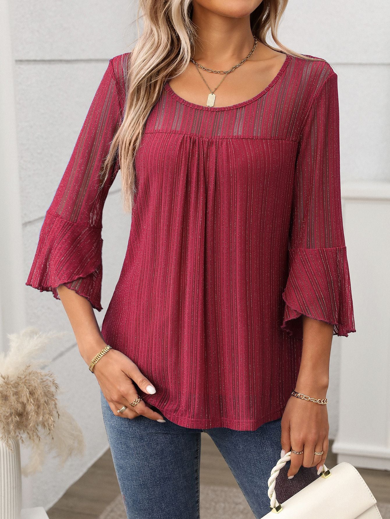 Elegant Round Neck Lotus Leaf Sleeve Mesh Top