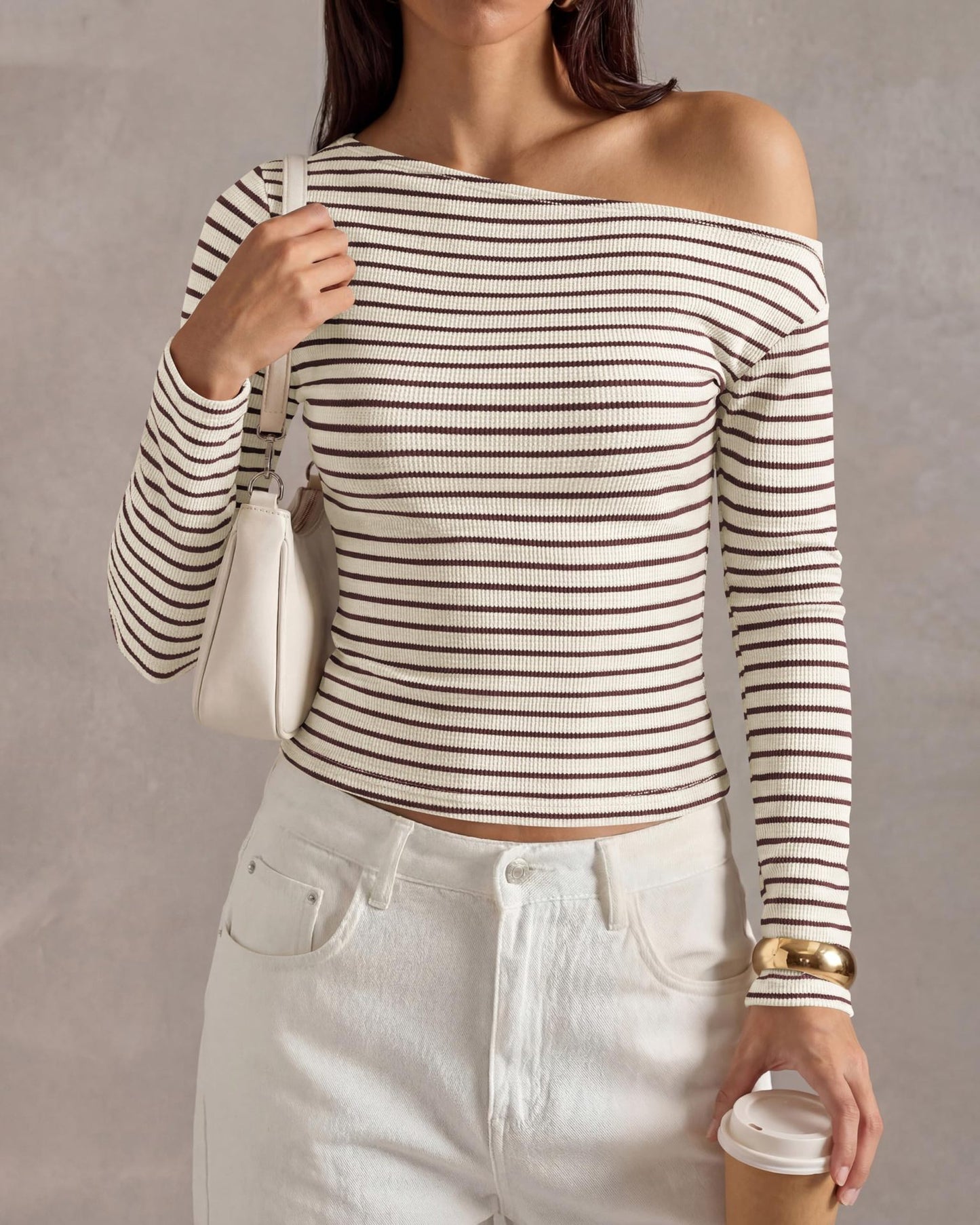 Off Shoulder Striped Long Sleeve Ribbed Knit Top Women