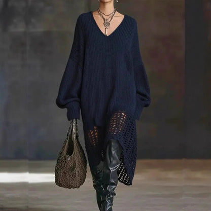 Oversized V-Neck Knit Sweater Dress Distressed Hem