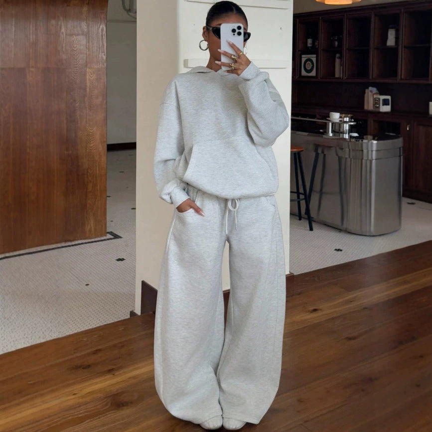 Solid Hoodie Lounge Set Wide Leg Two Piece Outfit