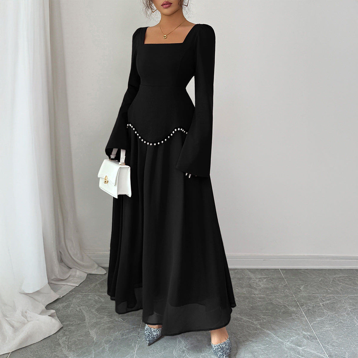 Square Neck Long Sleeve Pearl Trim A-Line Maxi Dress
