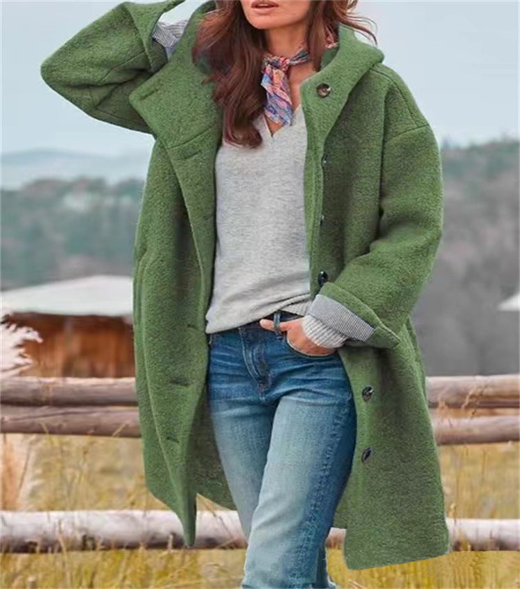 Hooded Wool Blend Coat Long Sleeve Casual Outerwear