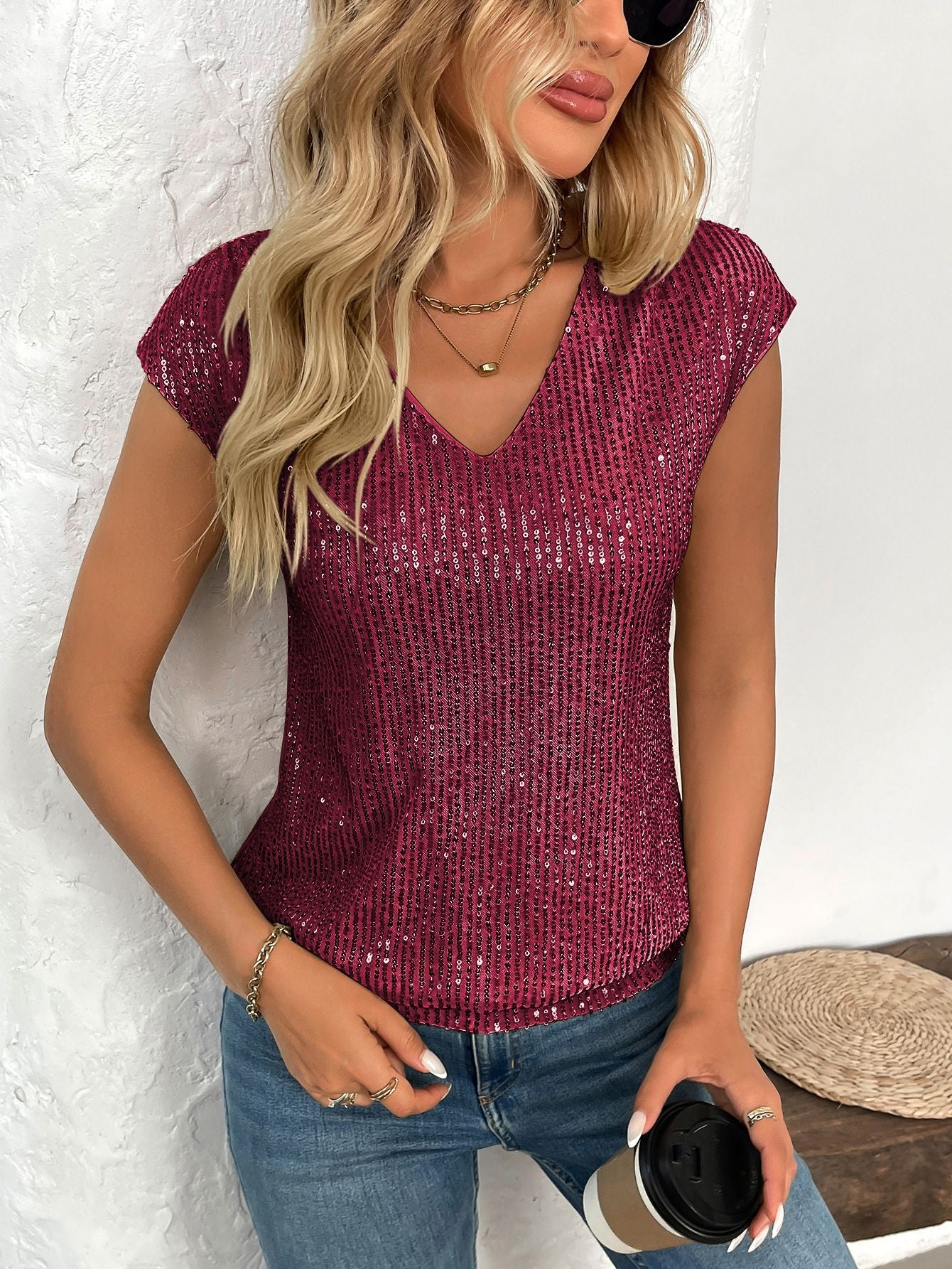 Women's V-Neck Sequin Tank Top – Sleeveless Summer Party Blouse