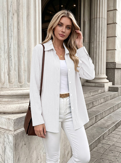Textured Gauze Button Shirt Roll Tab Sleeve Top