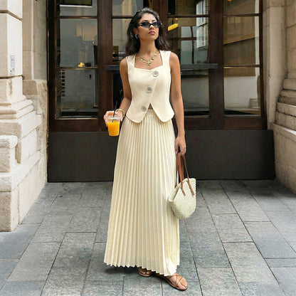 Sleeveless Solid Polyester Dress Set Pleated Summer Outfit