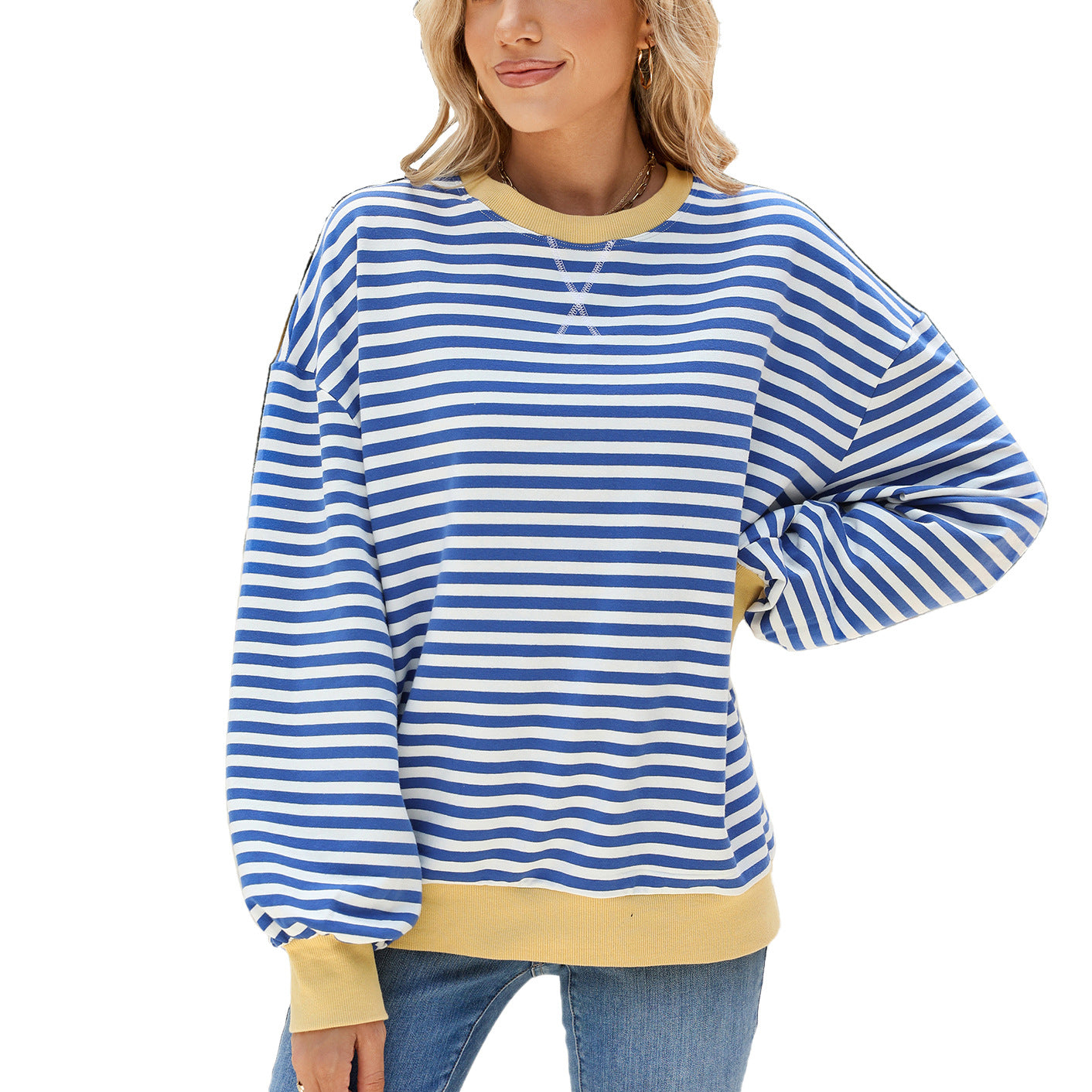 Striped Color Block Crew Neck Loose Fit Long Sleeve Sweatshirt