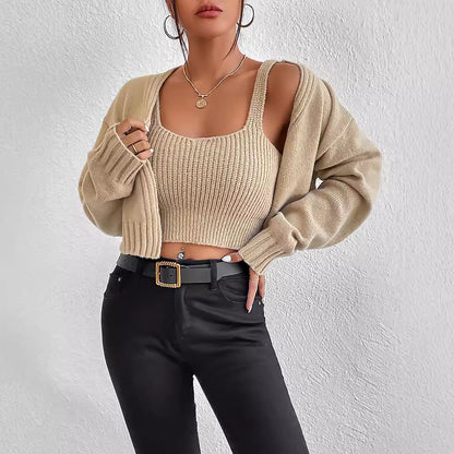 Women's Solid Color V-Neck Cardigan Suspender Sweater Two-piece Set