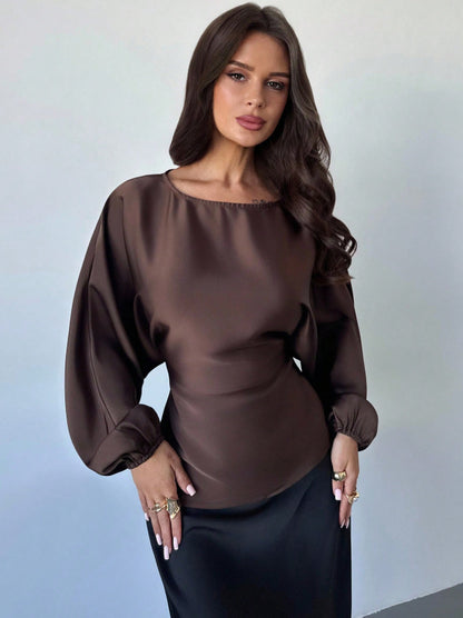 Satin Batwing Blouse Round Neck Tie Waist Top
