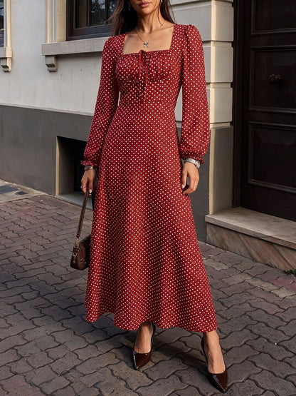 Red Polka Dot Square Neck Long Sleeve Maxi Dress