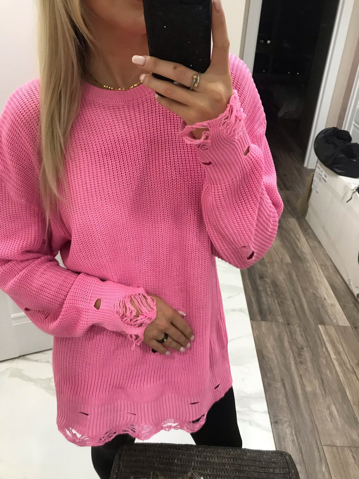 Women's Oversized Distressed Sweater Dress Crew Neck