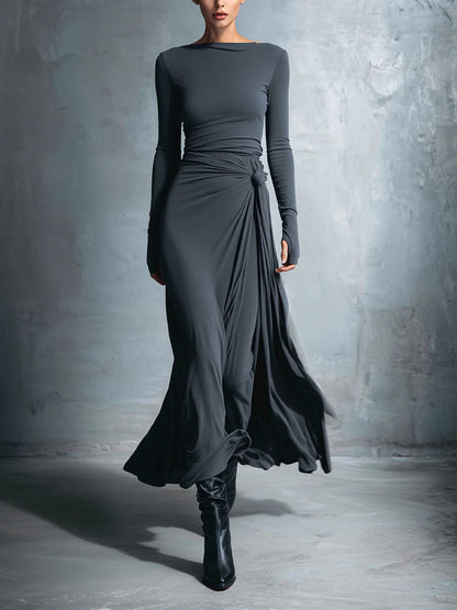 Women's Long Sleeve Knit Twist Front Wrap Maxi Dress