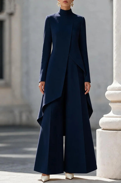 Women's Asymmetric Mock Neck Wide Leg Pants Two Piece Set