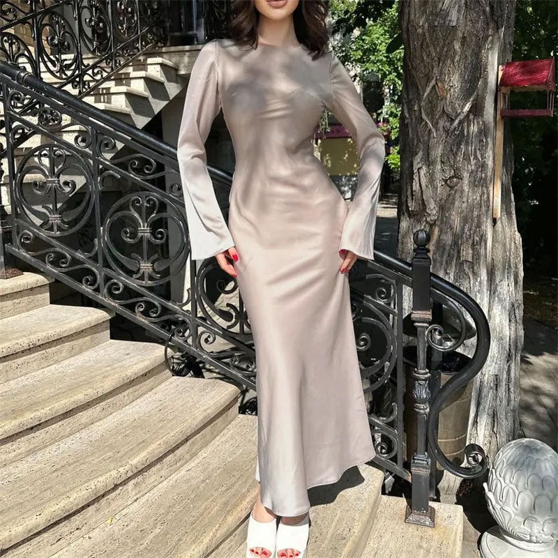 Women's Elegant Long Sleeve Solid Maxi Dress Casual