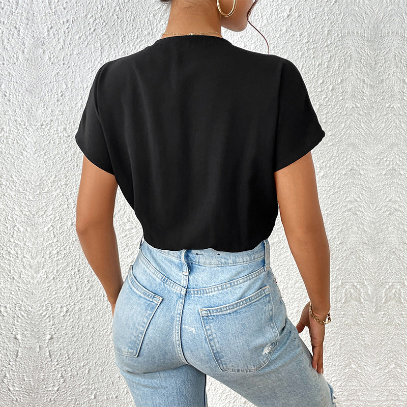 V Neck Short Sleeve Bodysuit Elegant Casual Summer Top