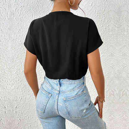 V Neck Short Sleeve Bodysuit Elegant Casual Summer Top