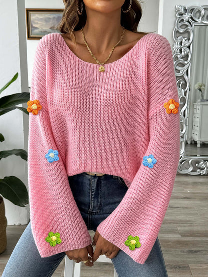 Off-Shoulder Knit Sweater with Crochet Flower Detail