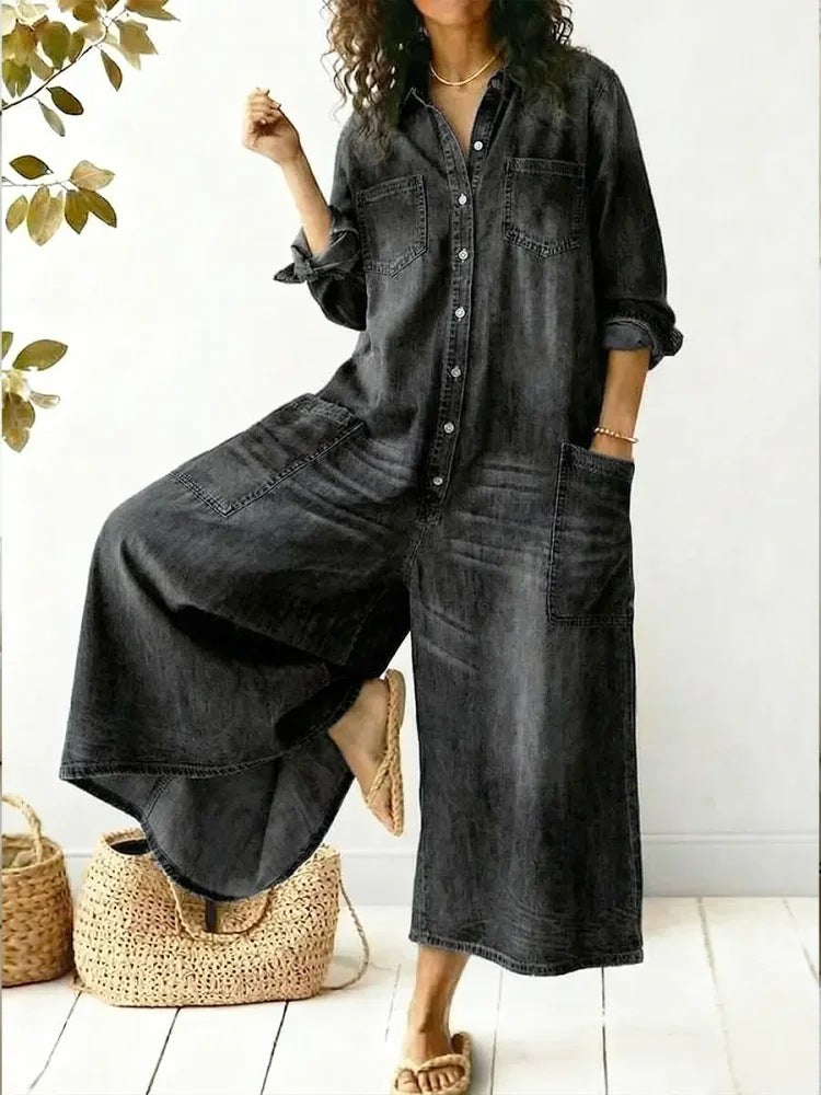 Women's Denim Maxi Shirt Dress Long Sleeve Button Front