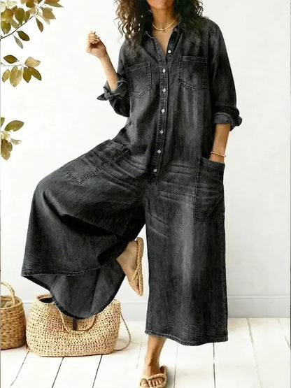 Women's Denim Maxi Shirt Dress Long Sleeve Button Front