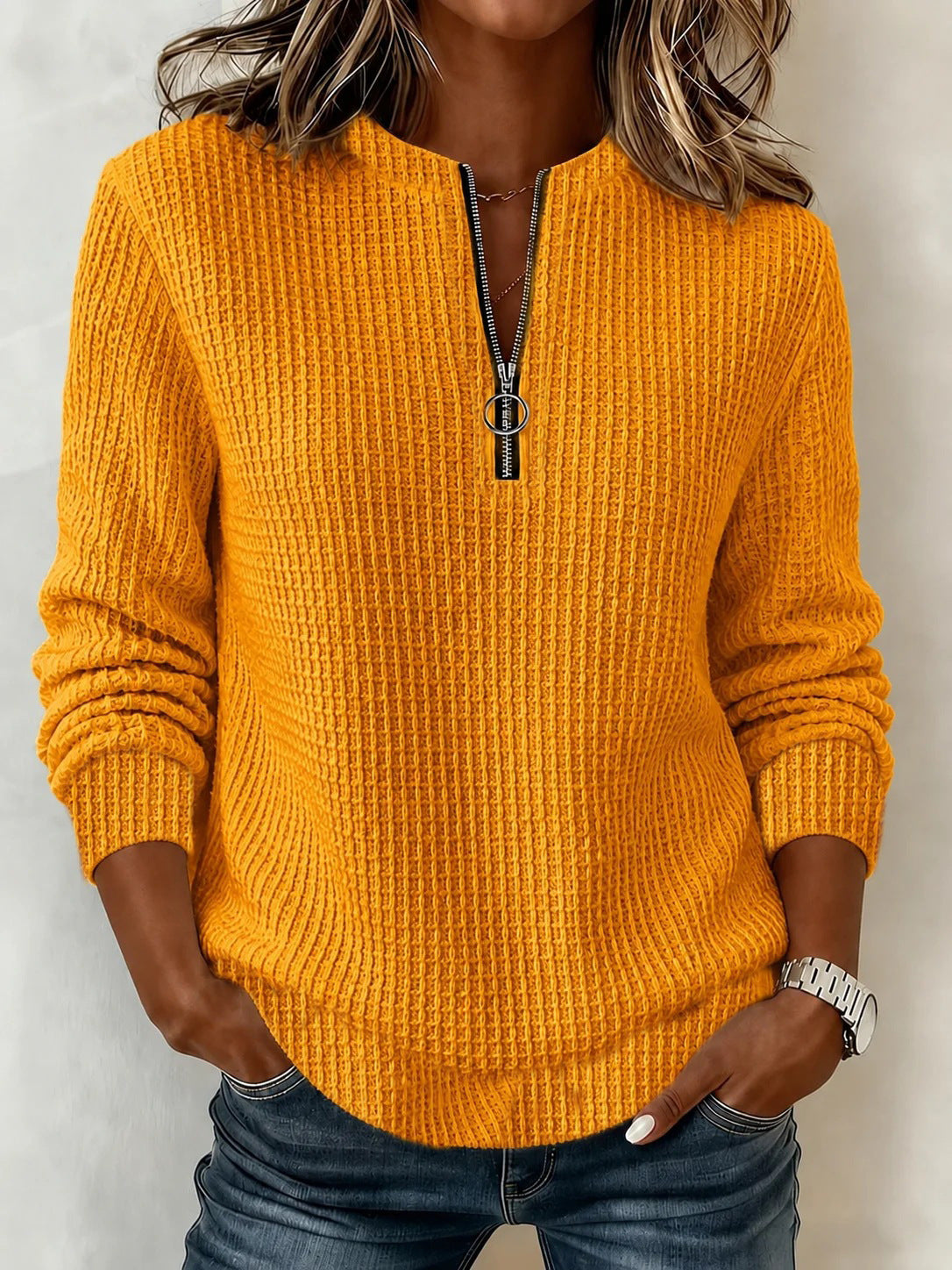 Women's Waffle Knit Half Zip Pullover Sweatshirt Top