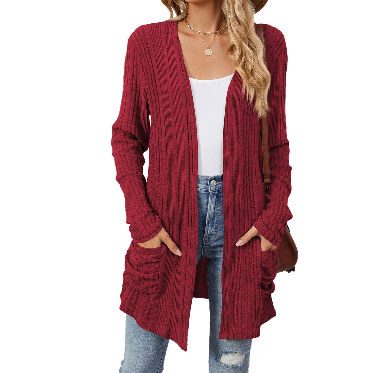 Women's Long Sleeve Ribbed Open Front Cardigan Pockets