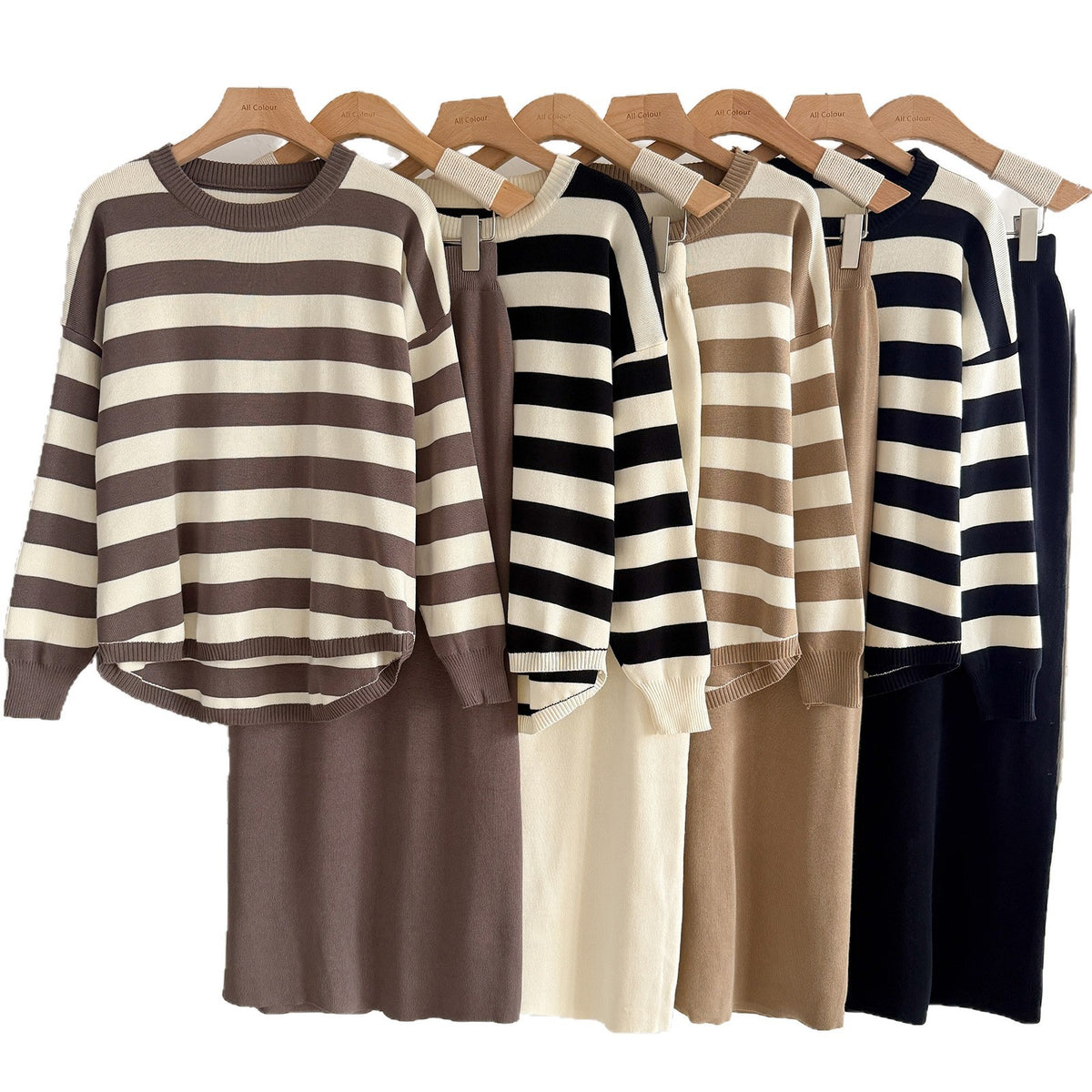 Striped Sweater & Midi Skirt Knit Matching Set