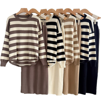 Striped Sweater & Midi Skirt Knit Matching Set