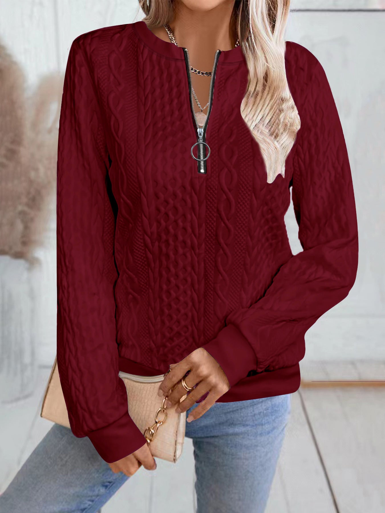 Women's Cable Knit Half Zip Pullover Sweatshirt Long Sleeve