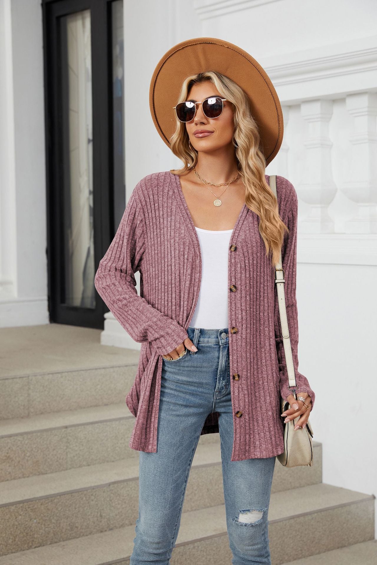 Soft Ribbed Button-Down Knit Cardigan for Fall & Winter