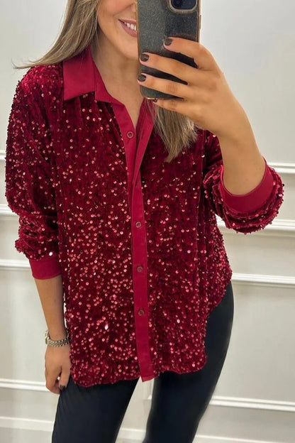 Sequin Button Down Shirt Long Sleeve Loose Casual Top