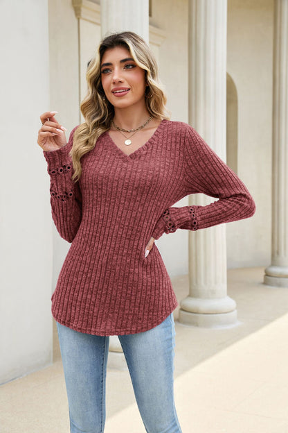 Solid V Neck Waffle Knit Top Lace Sleeve Pullover