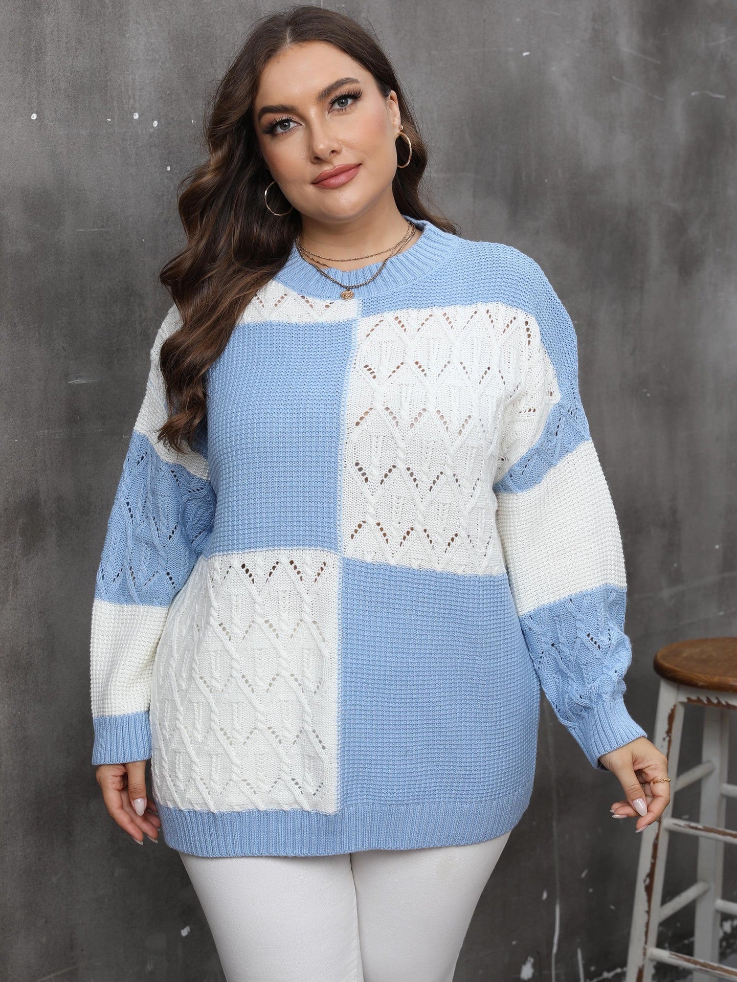 Women's sweater contrasting color splicing plaid sweater long sleeves