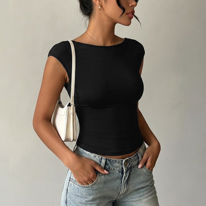 Backless Lace Trim Boat Neck Fitted Summer Crop Top