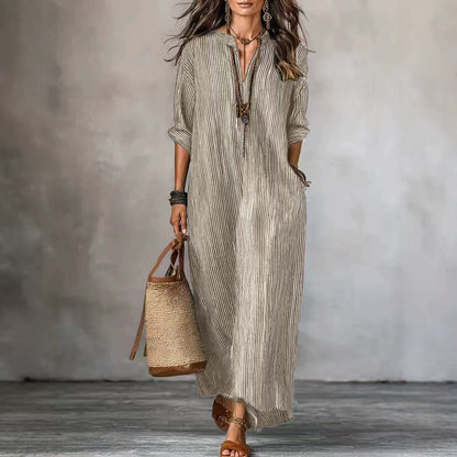 Striped V-Neck Maxi Dress Loose Casual 3/4 Sleeve