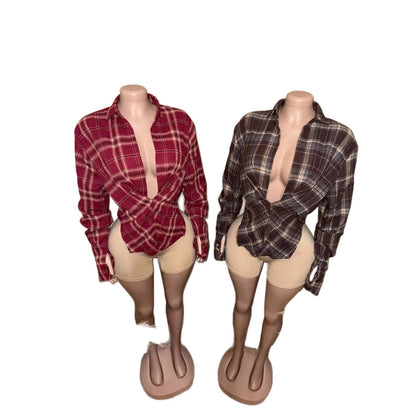 Women's Plaid Cinched Waist Long Sleeve Button-Up Shirt