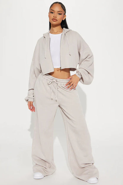 Women's Two Piece Crop Zip Hoodie Wide Leg Sweatpants Set