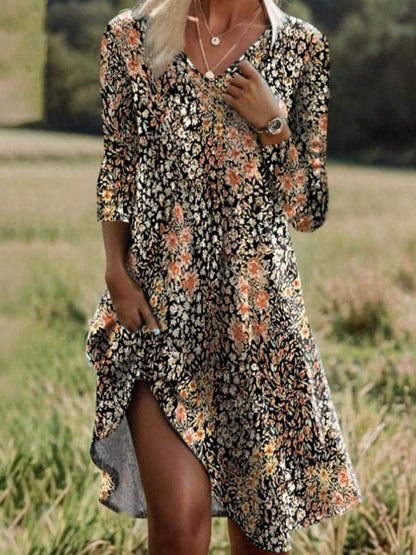 Floral V-Neck Long Sleeve A-Line Midi Dress