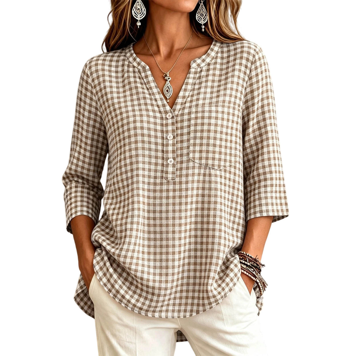 Women's Gingham V Neck 3/4 Sleeve Loose Casual Blouse