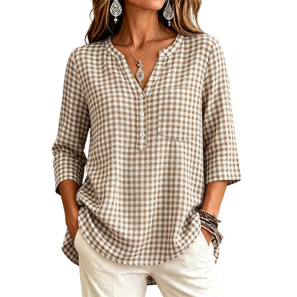 Women's Gingham V Neck 3/4 Sleeve Loose Casual Blouse