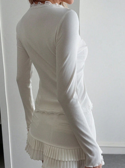 Ribbed Lace Trim V Neck Button Cardigan Long Sleeve Top