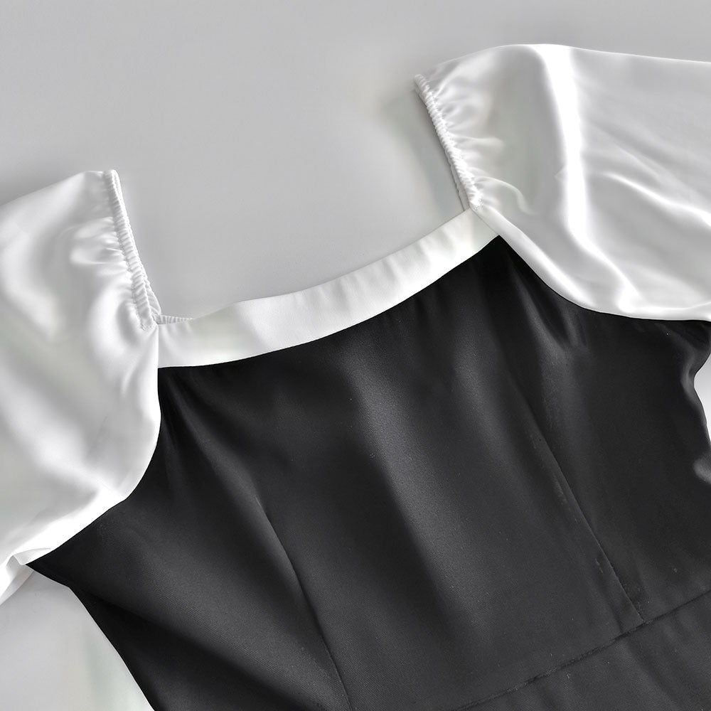 Black White Square Neck Puff Sleeve Ruffle A-Line Dress
