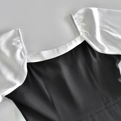 Black White Square Neck Puff Sleeve Ruffle A-Line Dress
