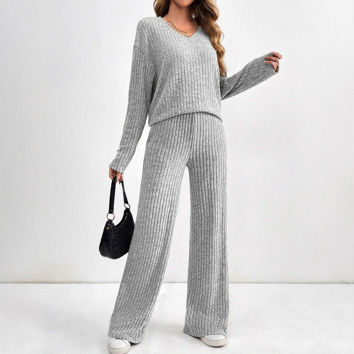 Women's Ribbed Knit V-Neck Top & Pants Two Piece Set
