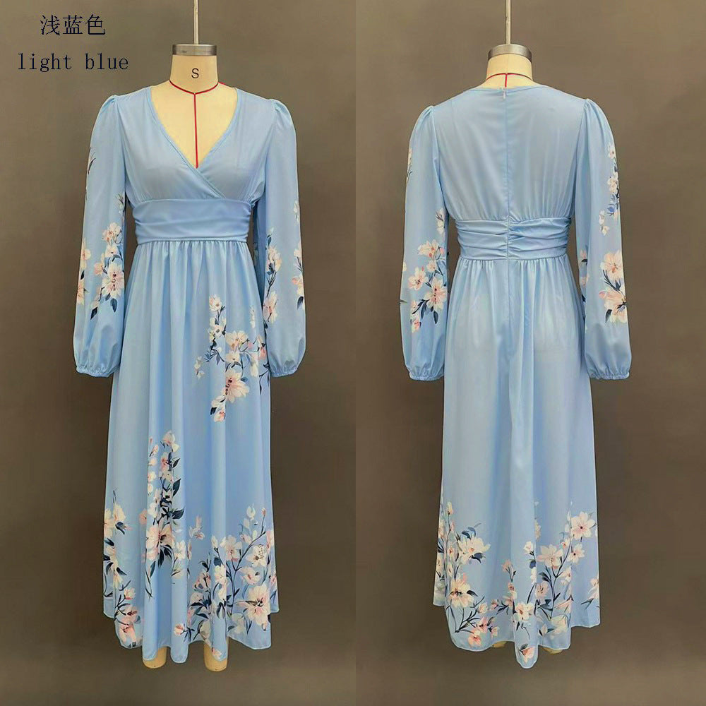 Floral V Neck Pleated Long Sleeve Maxi Dress
