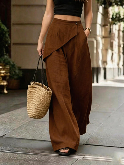 Faux Linen Wide Leg Pants Asymmetric Elastic Waist
