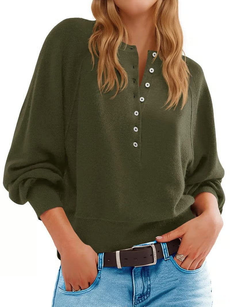 Women's Oversized V-Neck Button Lantern Sleeve Sweater