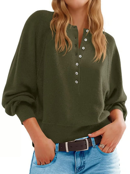 Women's Oversized V-Neck Button Lantern Sleeve Sweater