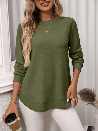 Solid waffle knit tunic top layered curved hem
