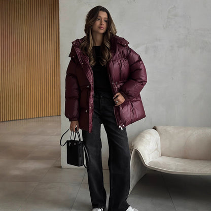 Women's Hooded Puffer Coat Drawstring Waist Mid-Length